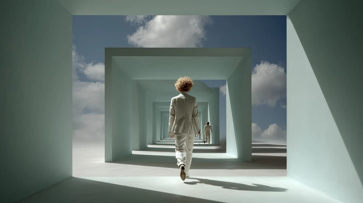A man in a pale pinstriped suit walks away through a receding row of pale archways under a blue sky with scattered clouds.