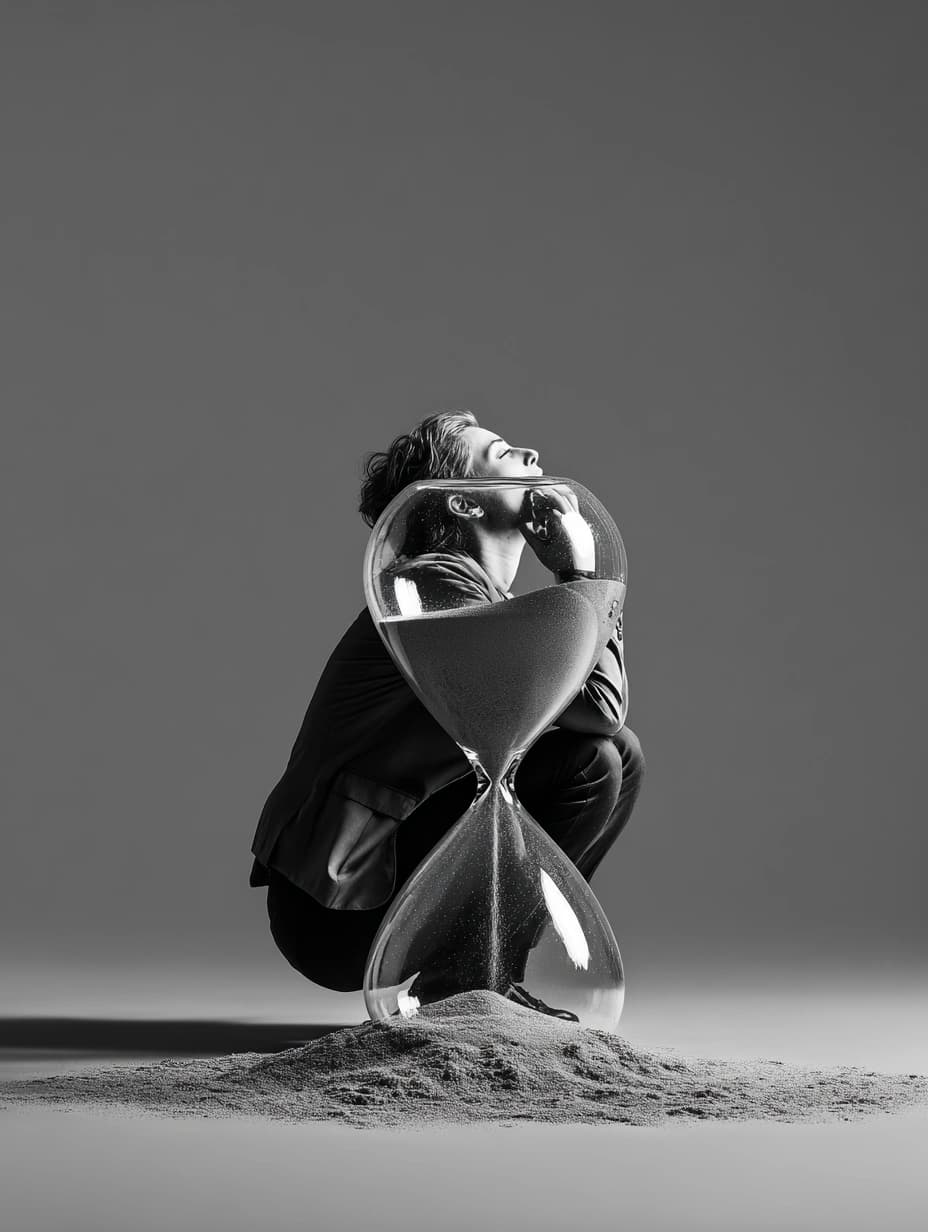 Black and white photograph of a man in a suit crouching inside a giant hourglass, the sand piled around him.