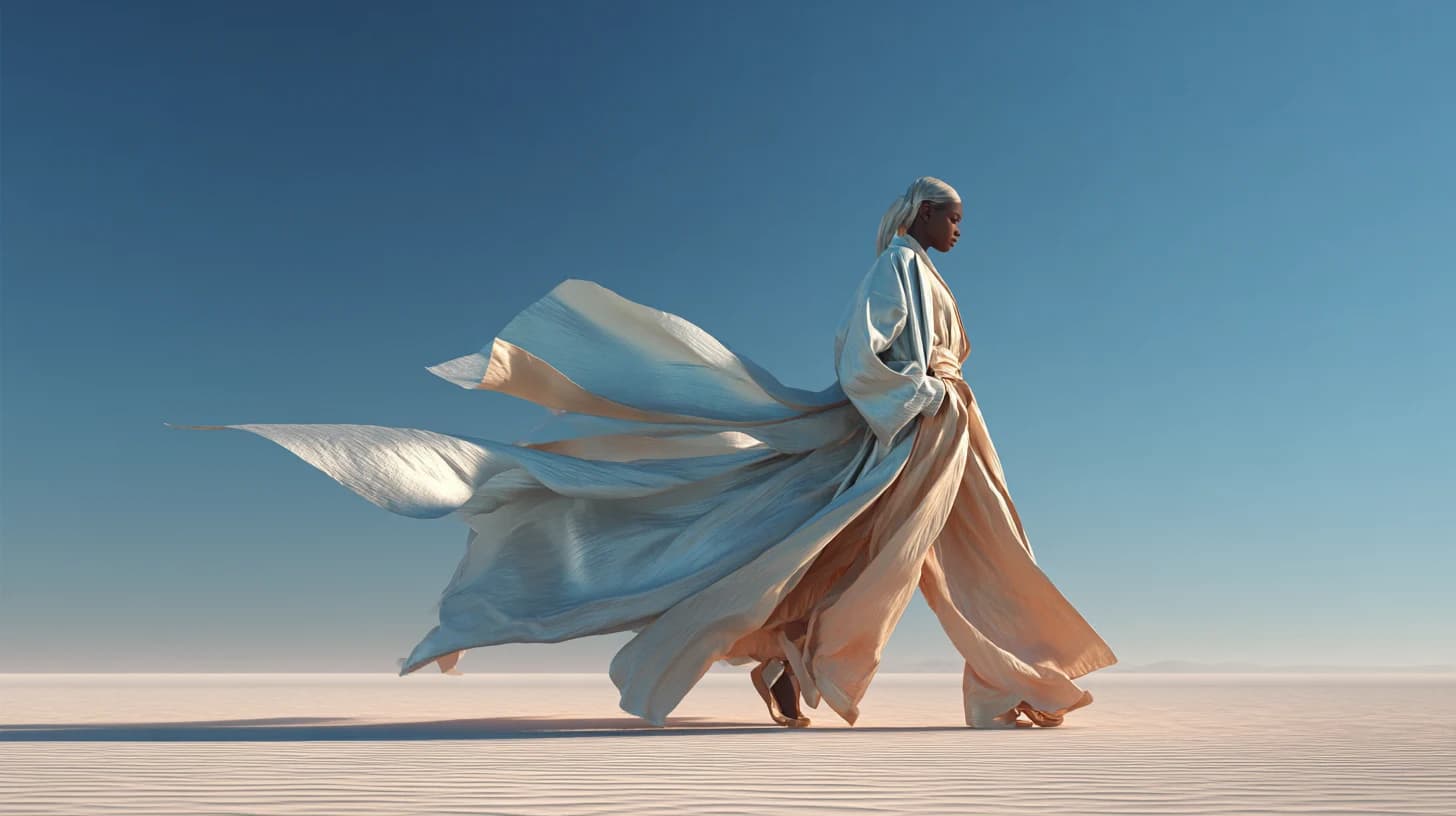 A woman in flowing pale robes strides across a bright desert flat, fabric billowing behind her against a clear blue sky.