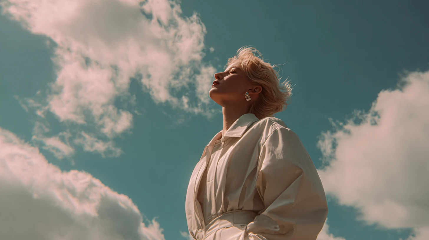 A woman in a pale jacket photographed from below against a blue sky with scattered clouds, her face turned up to the light.